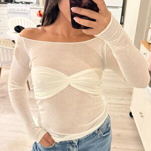 White Boat Neck Long Sleeve Mesh Top